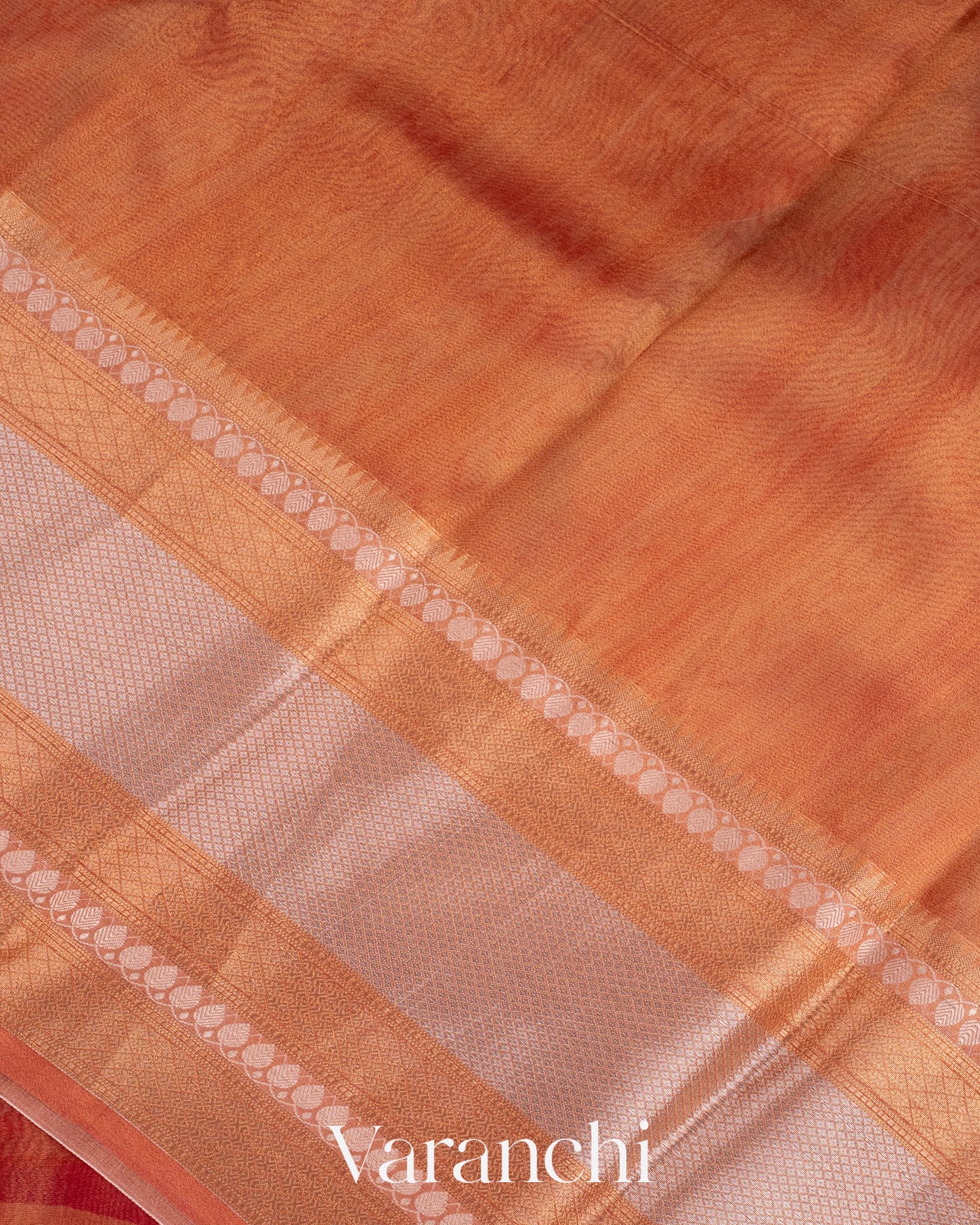 Burnt Orange Printed Pure Tissue Kora Silk Saree