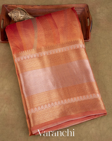 Burnt Orange Printed Pure Tissue Kora Silk Saree