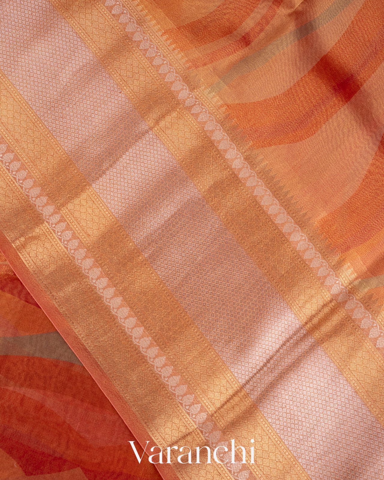 Burnt Orange Printed Pure Tissue Kora Silk Saree