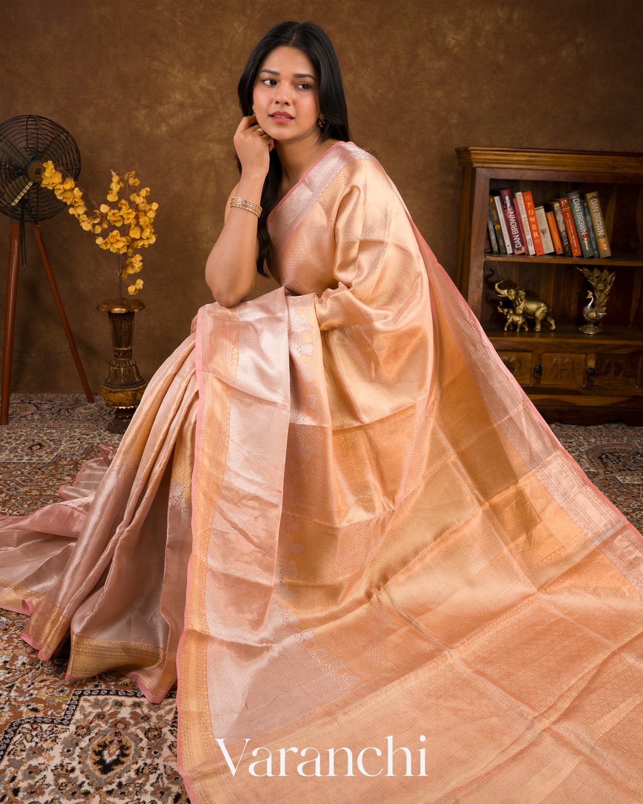 Rose Gold Brocade Pure Tissue Kora Silk Saree