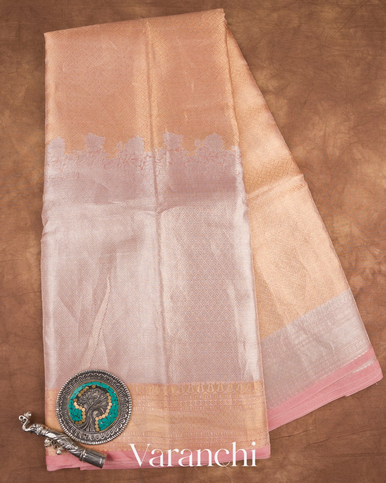 Rose Gold Brocade Pure Tissue Kora Silk Saree