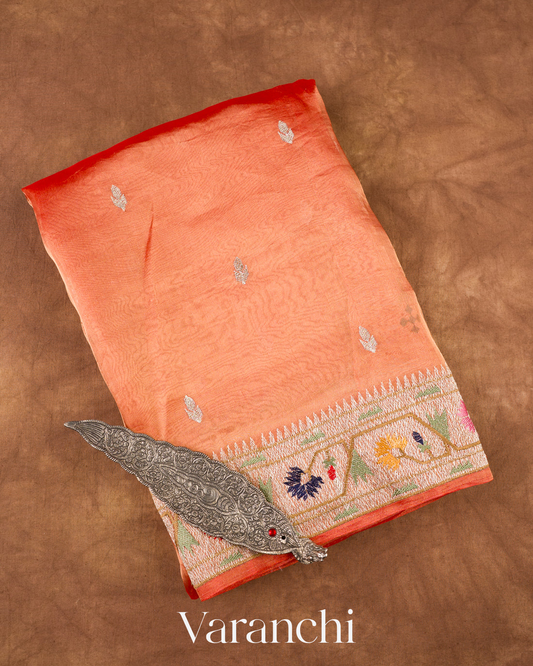 Rust Peach With Paithani Embroidery Pure Tissue Kora Silk Saree