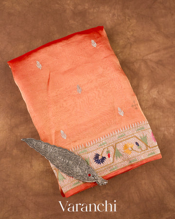 Rust Peach With Paithani Embroidery Pure Tissue Kora Silk Saree