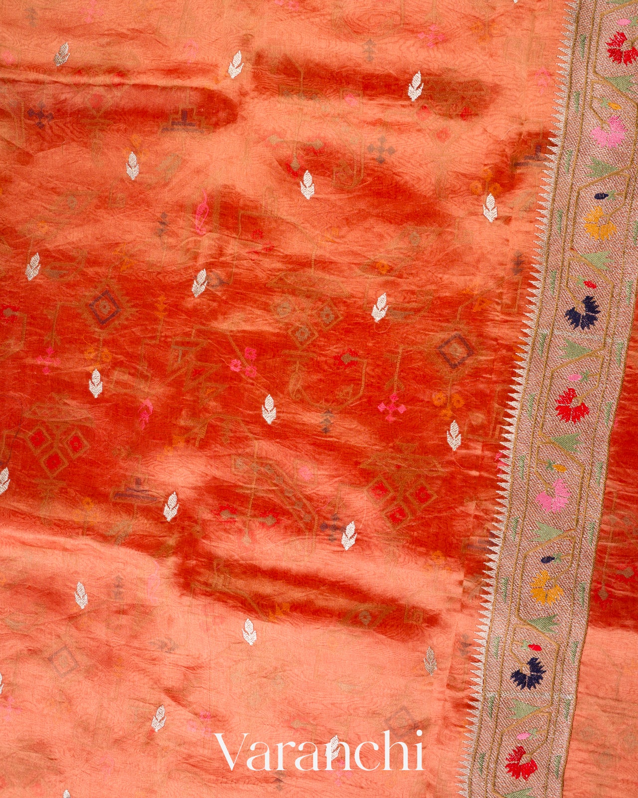 Rust Peach With Paithani Embroidery Pure Tissue Kora Silk Saree