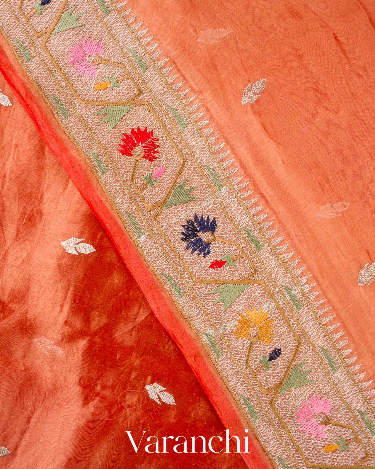 Rust Peach With Paithani Embroidery Pure Tissue Kora Silk Saree
