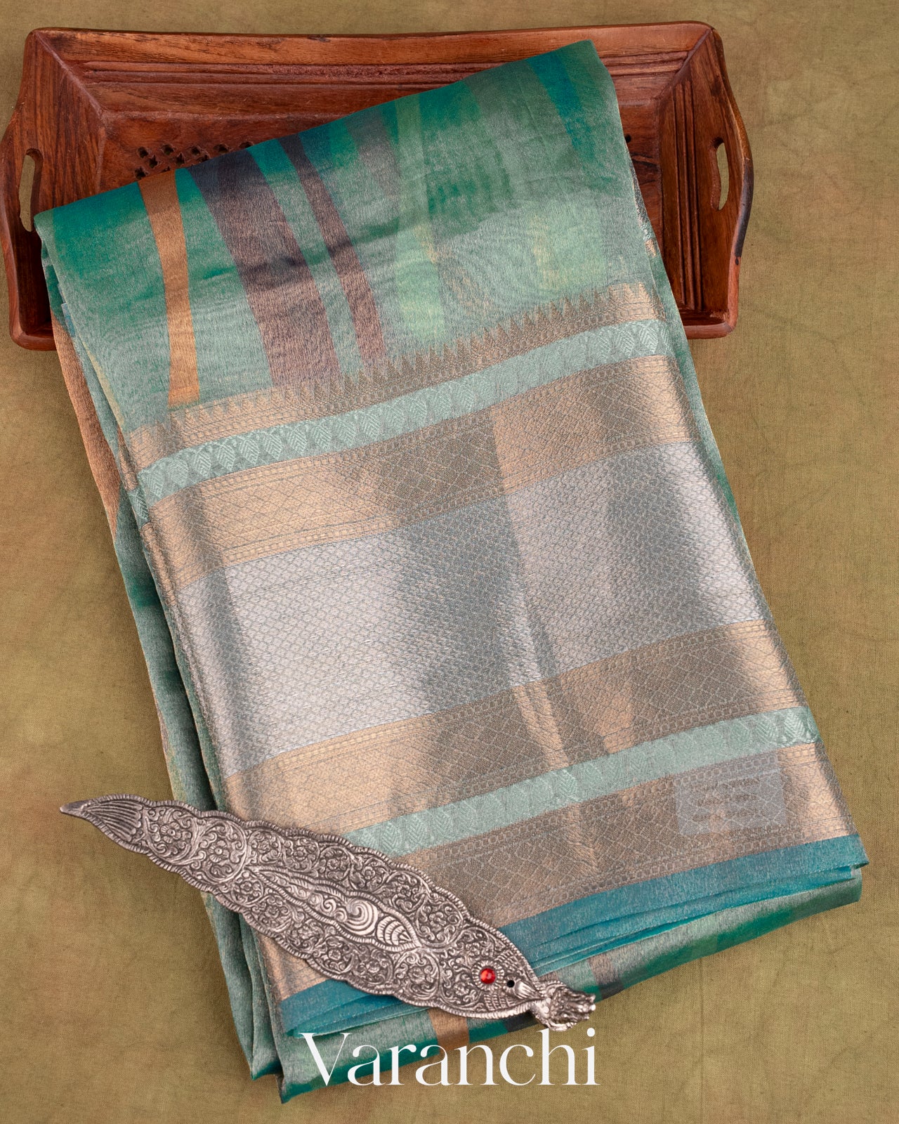 Soft Sea Green Printed Pure Tissue Kora Silk Saree