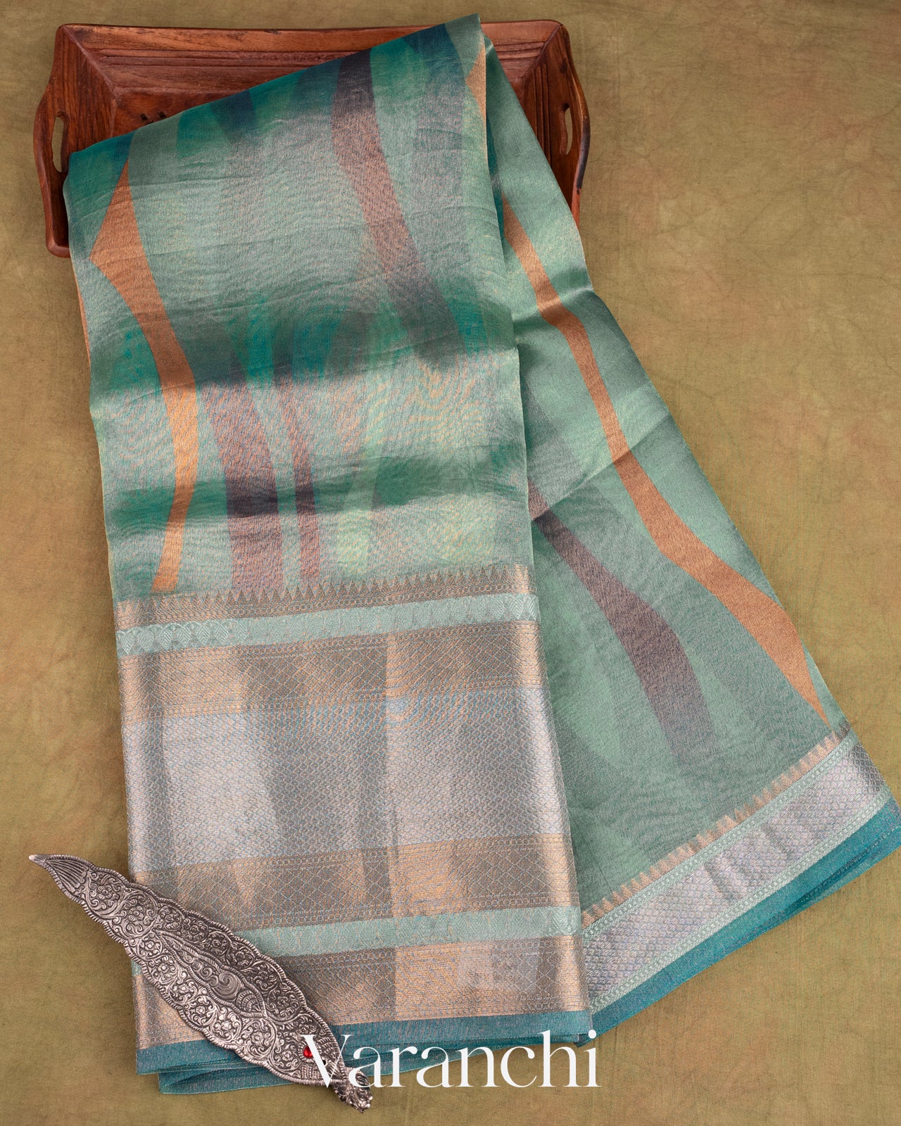 Soft Sea Green Printed Pure Tissue Kora Silk Saree