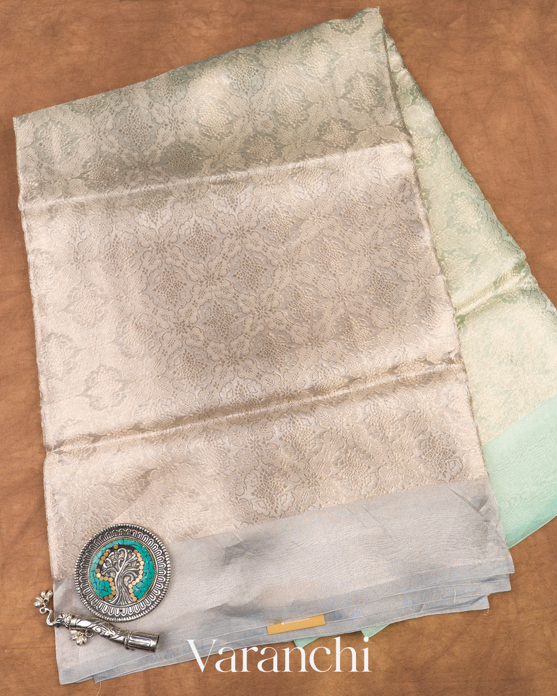 Sea Green And Grey Ombre Heavy Brocade Pure Tissue Kora Silk Saree