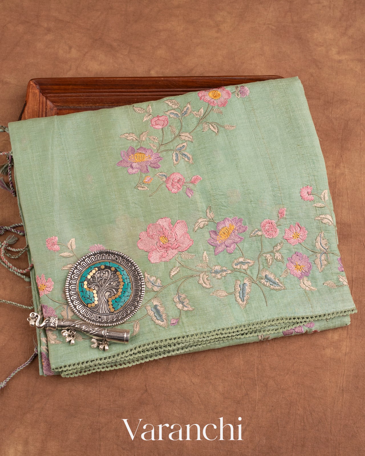 Muted Sage Green Floral Lehariya Embroidered Pure Tussar Silk Saree