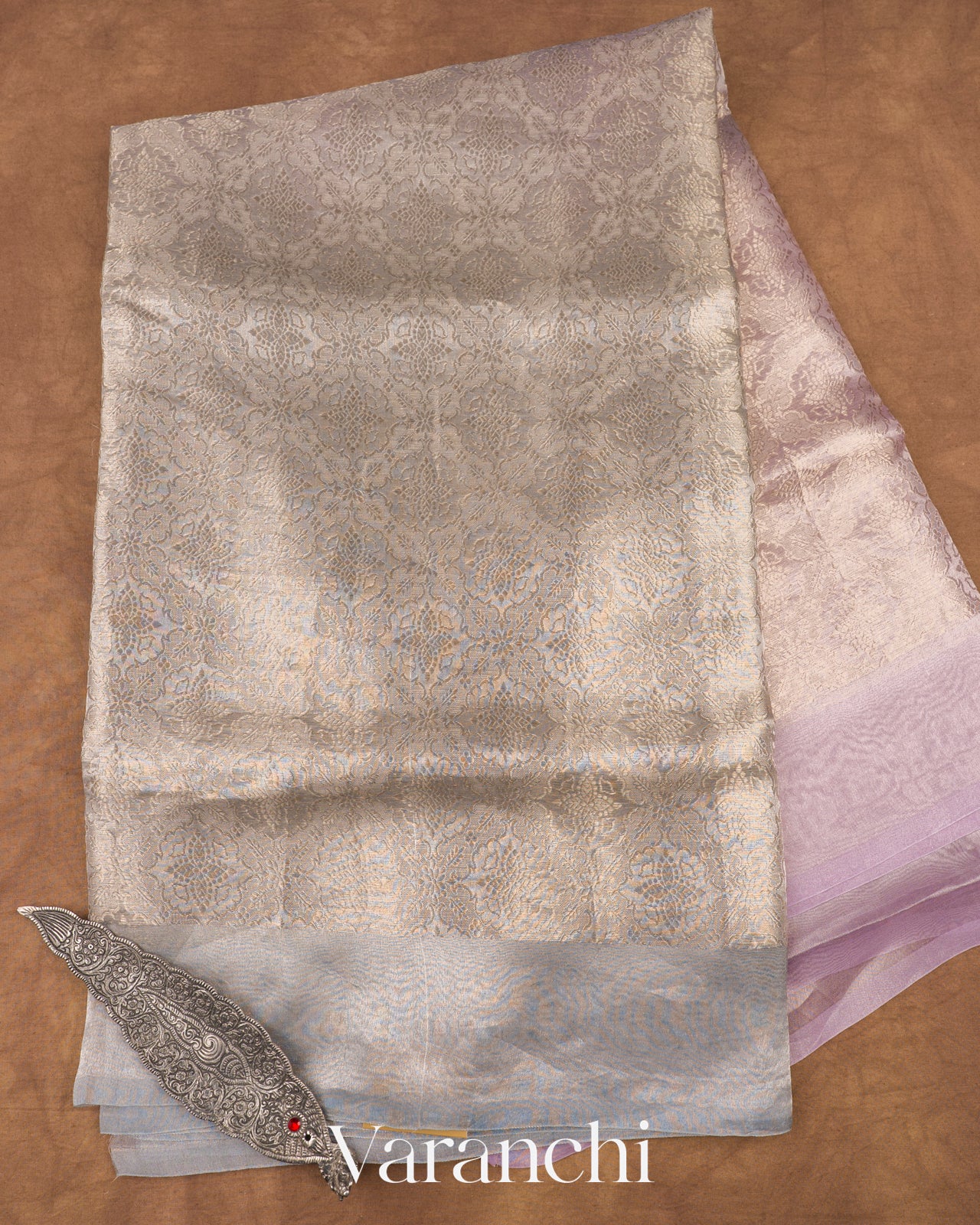Grey And Lavender Ombre Heavy Brocade Pure Tissue Kora Silk Saree