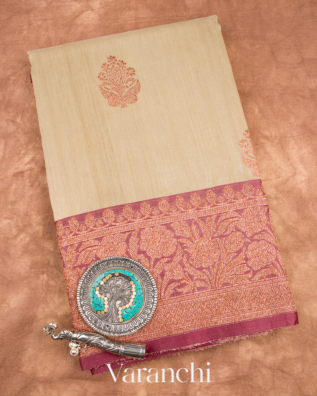 Beige Pure Tussar Silk Handloom Saree
