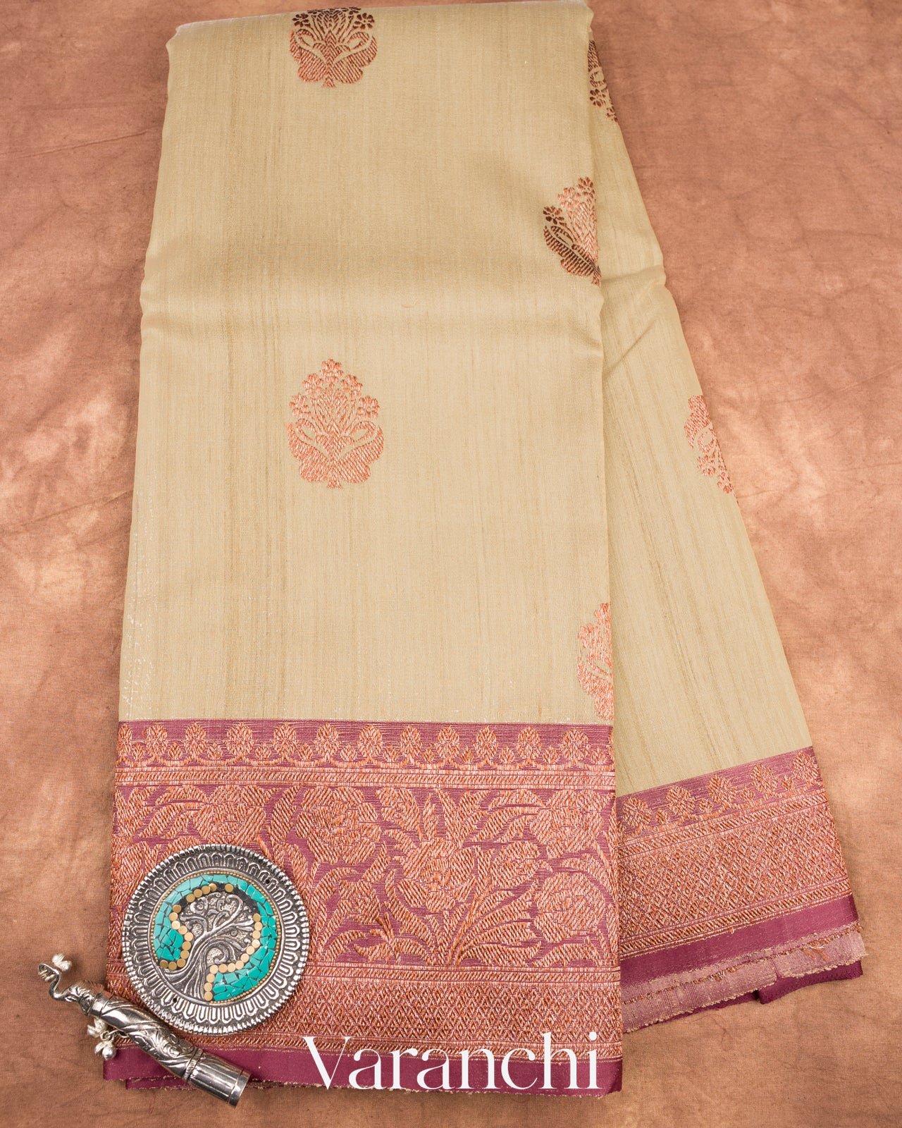 Beige Pure Tussar Silk Handloom Saree