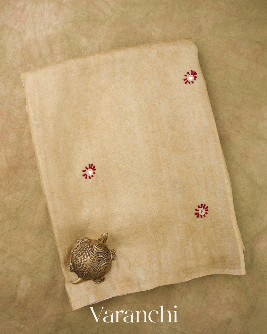 Sand Beige Mirror Hand-Embroidered Borderless Pure Tussar Silk Handloom Saree