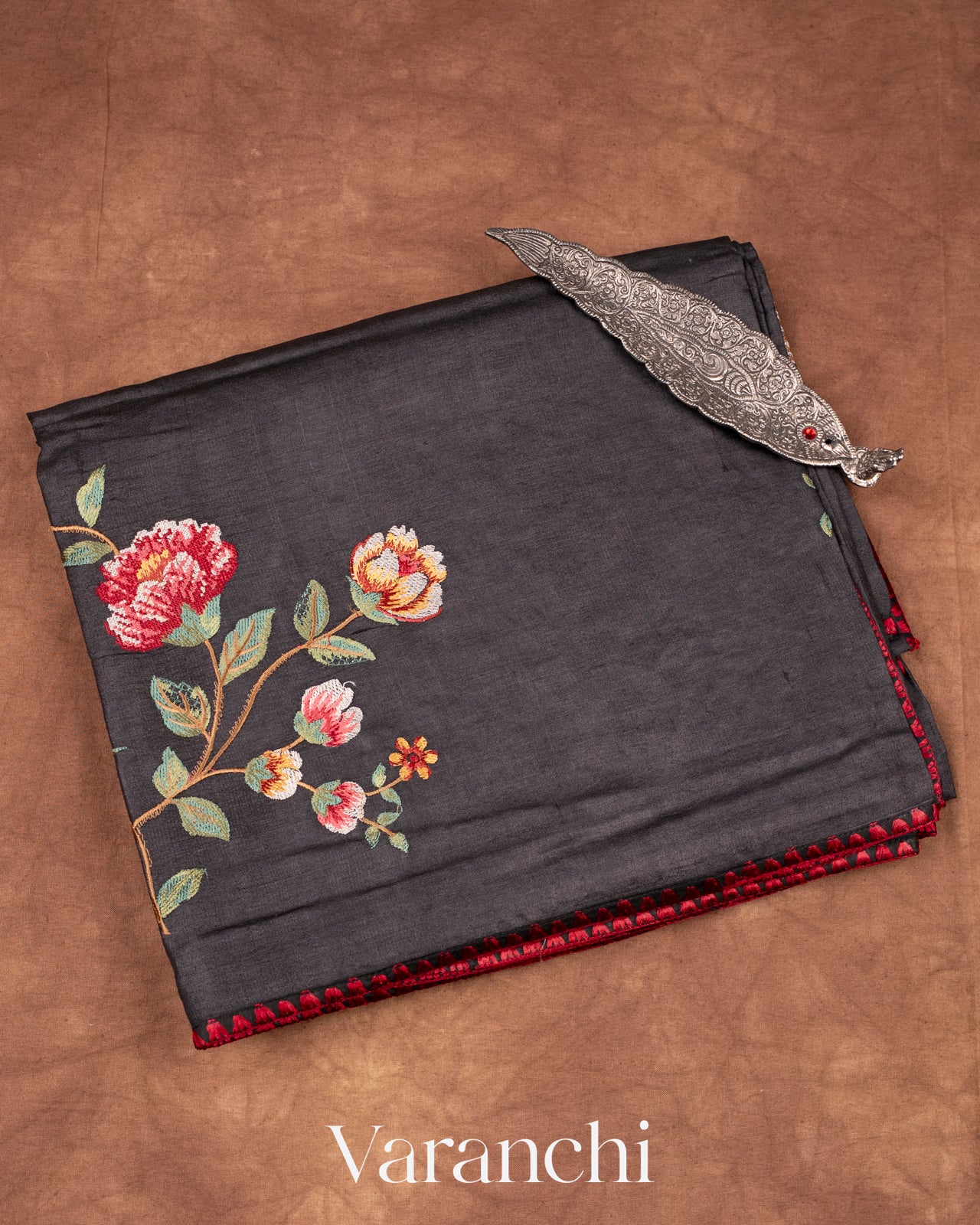 Jet Black Pure Tussar Silk with Embroidered Handloom Saree