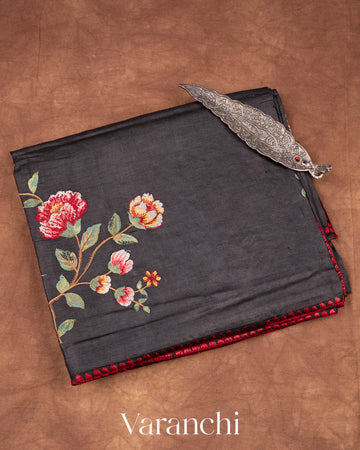 Jet Black Pure Tussar Silk with Embroidered Handloom Saree