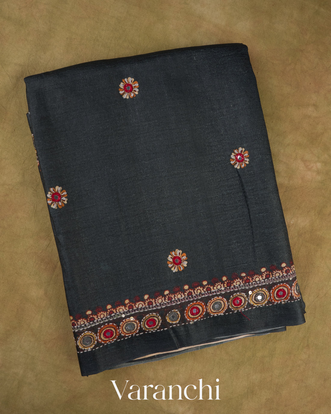 Deep Charcoal Black Mirror Hand-Embroidered Pure Tussar Silk Handloom Saree