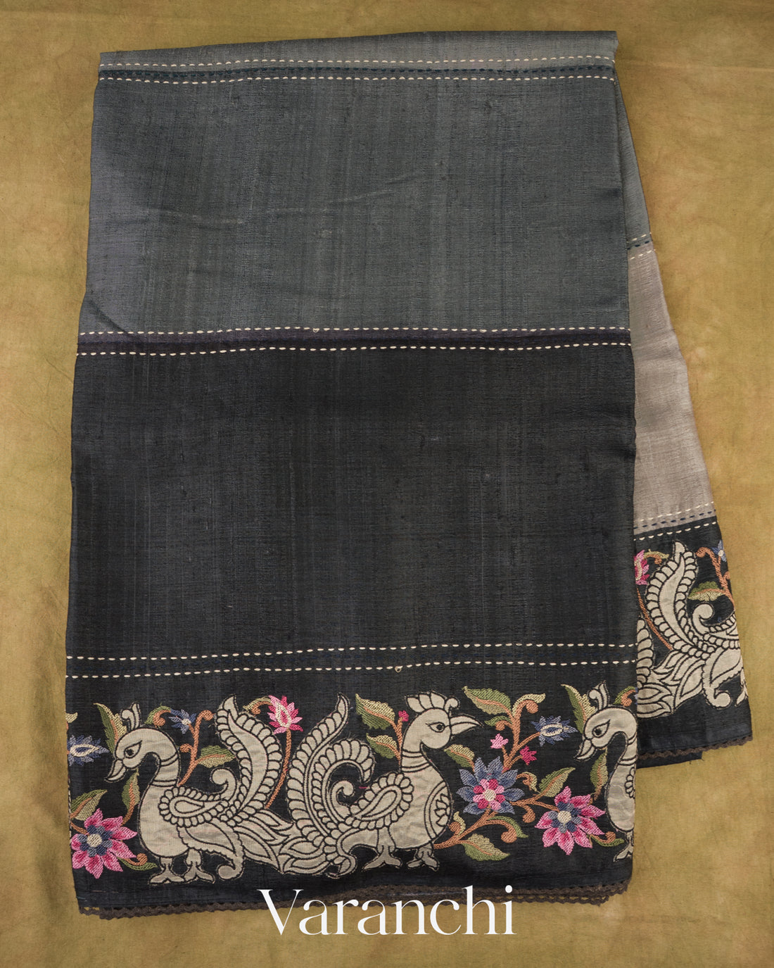 Soft Ash Grey Tissue Applique and Embroidery Pure Tussar Silk Saree
