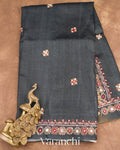 Black Mirror and Hand Katha Embroidered Pure Tussar Silk Handloom Saree