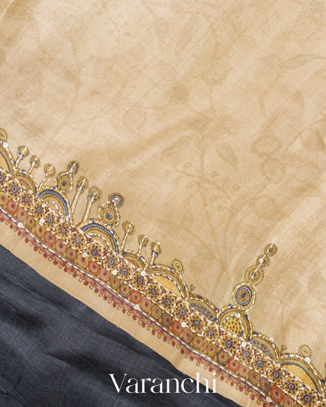 Black Mirror and Hand Katha Embroidered Pure Tussar Silk Handloom Saree