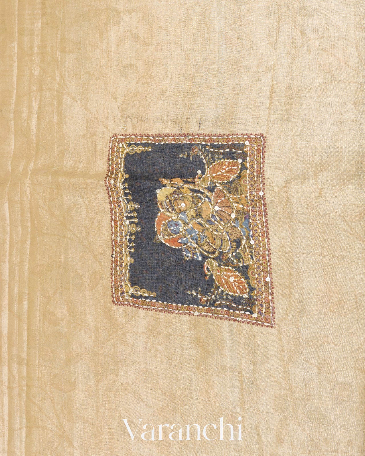 Black Mirror and Hand Katha Embroidered Pure Tussar Silk Handloom Saree