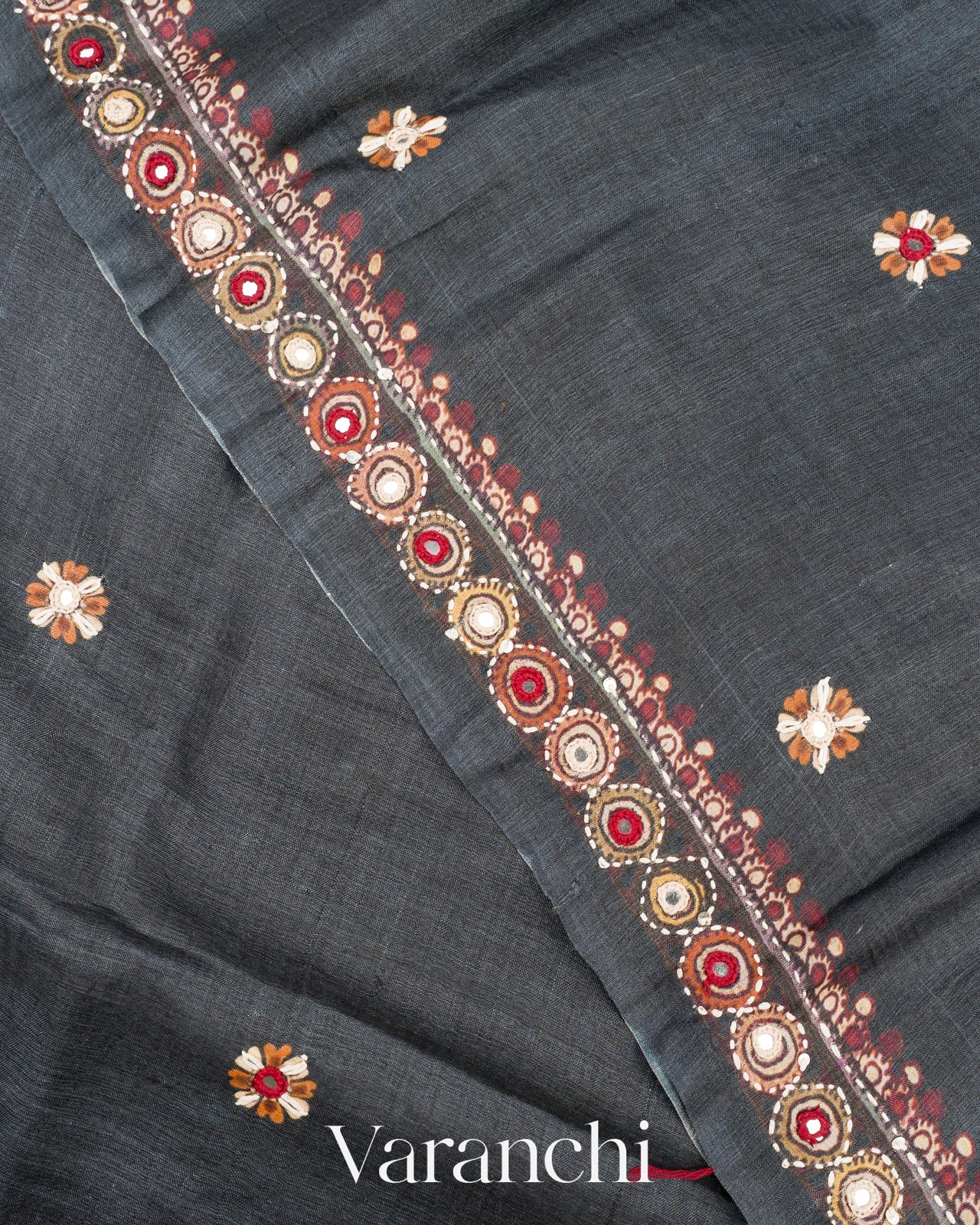 Black Mirror and Hand Katha Embroidered Pure Tussar Silk Handloom Saree