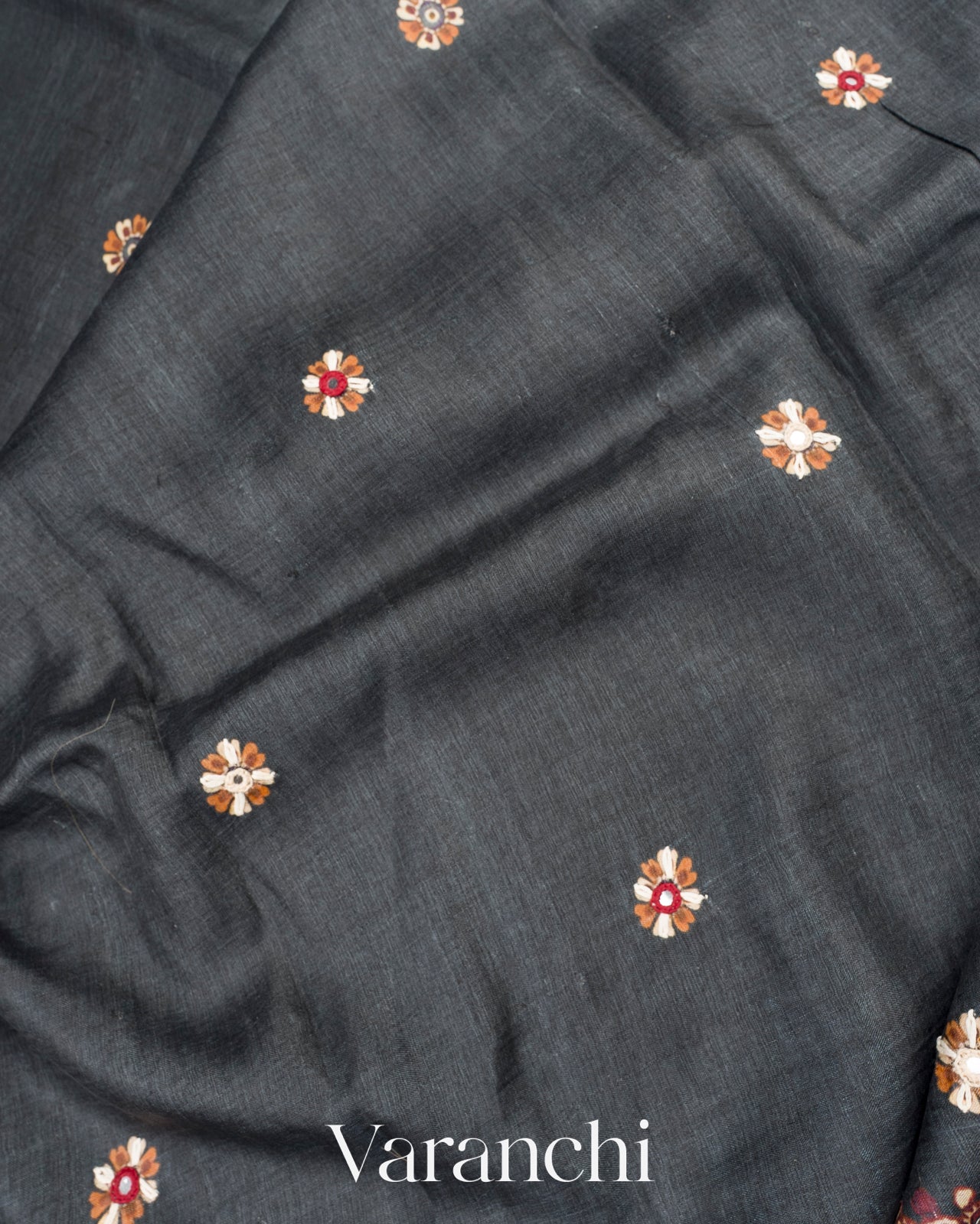 Black Mirror and Hand Katha Embroidered Pure Tussar Silk Handloom Saree