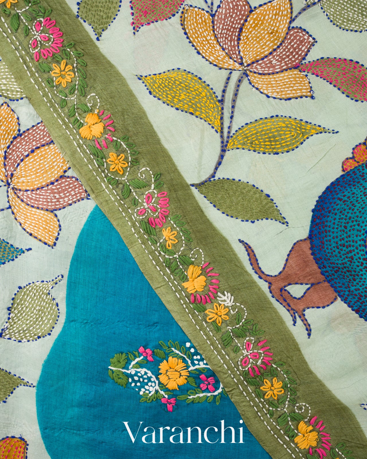 Peacock Blue  Embroidered Pure Tussar Silk Saree 