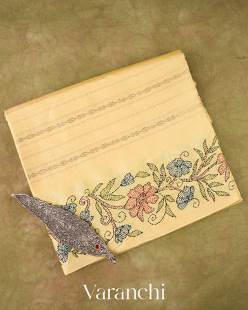 Butter Yellow Embroidered Pure Tussar Silk Saree