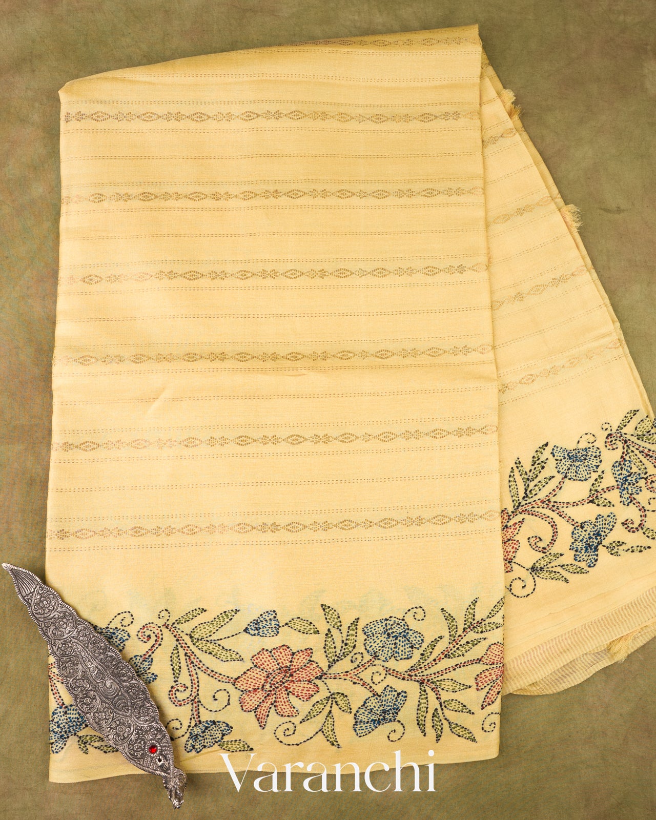 Butter Yellow Embroidered Pure Tussar Silk Saree