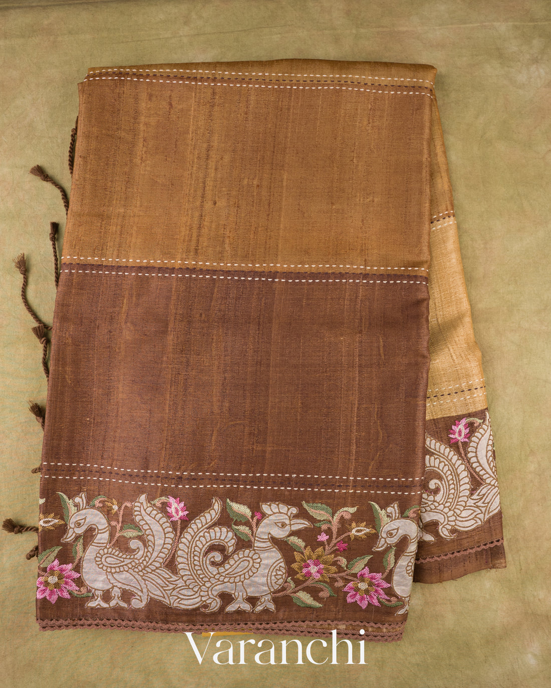 Honey Mustard Tissue Applique and Embroidery Pure Tussar Silk Saree