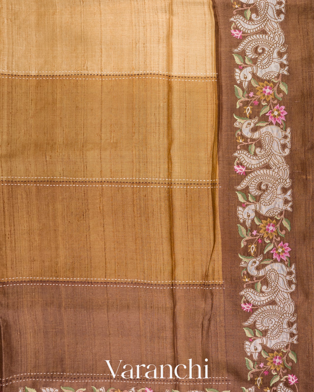 Honey Mustard Tissue Applique and Embroidery Pure Tussar Silk Saree