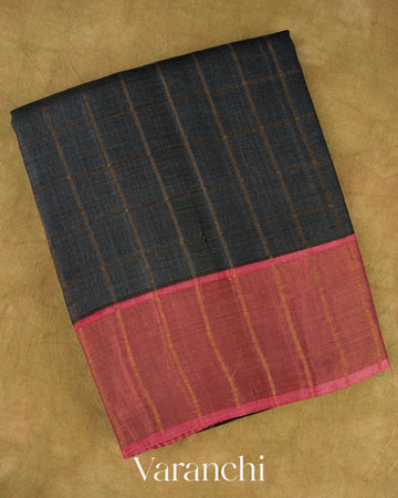 Jet Black Checks Pure Tussar Silk Saree
