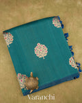 Peacock Teal Borderless Pure Tussar Silk Saree