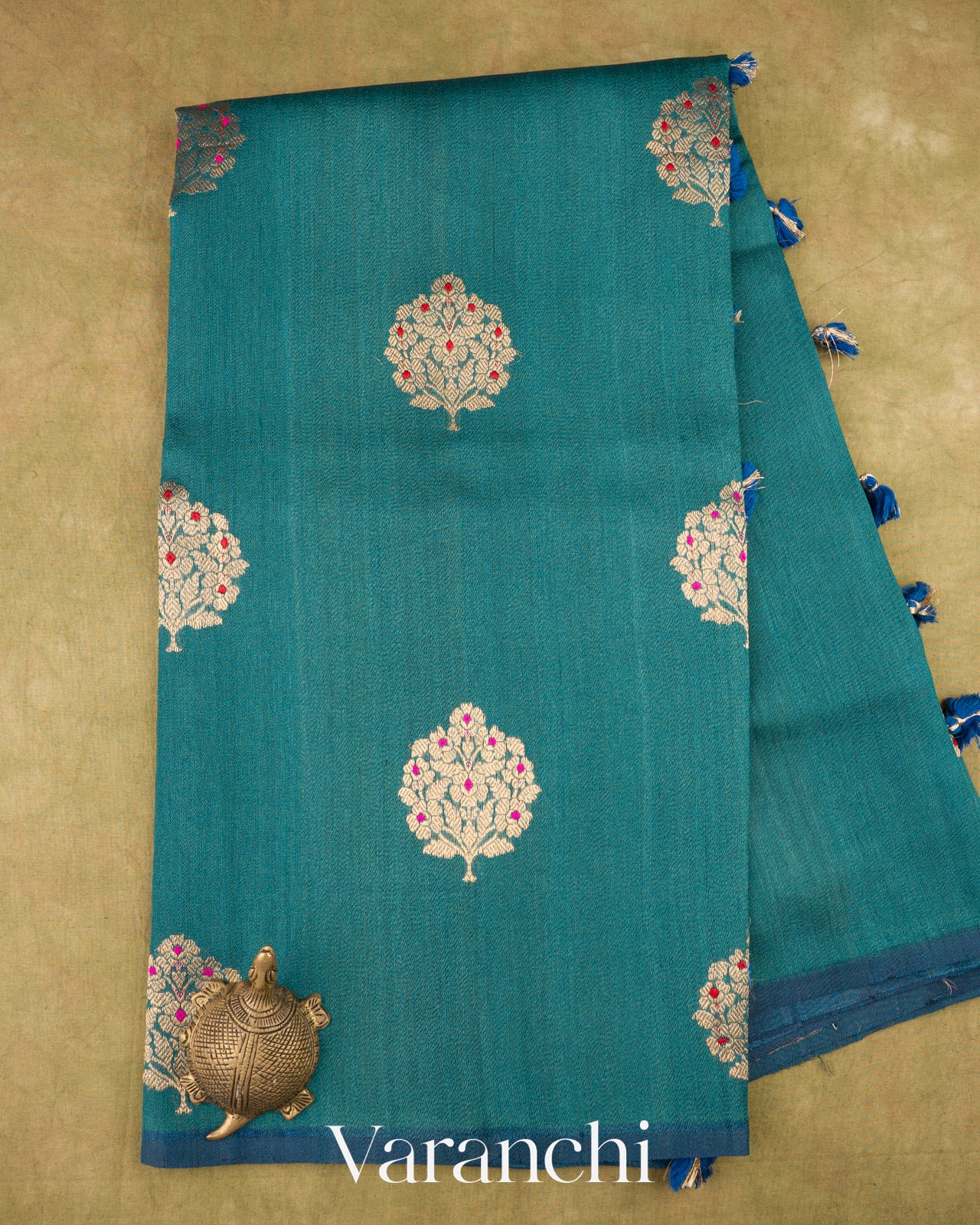 Peacock Teal Borderless Pure Tussar Silk Saree