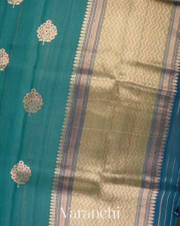 Peacock Teal Borderless Pure Tussar Silk Saree