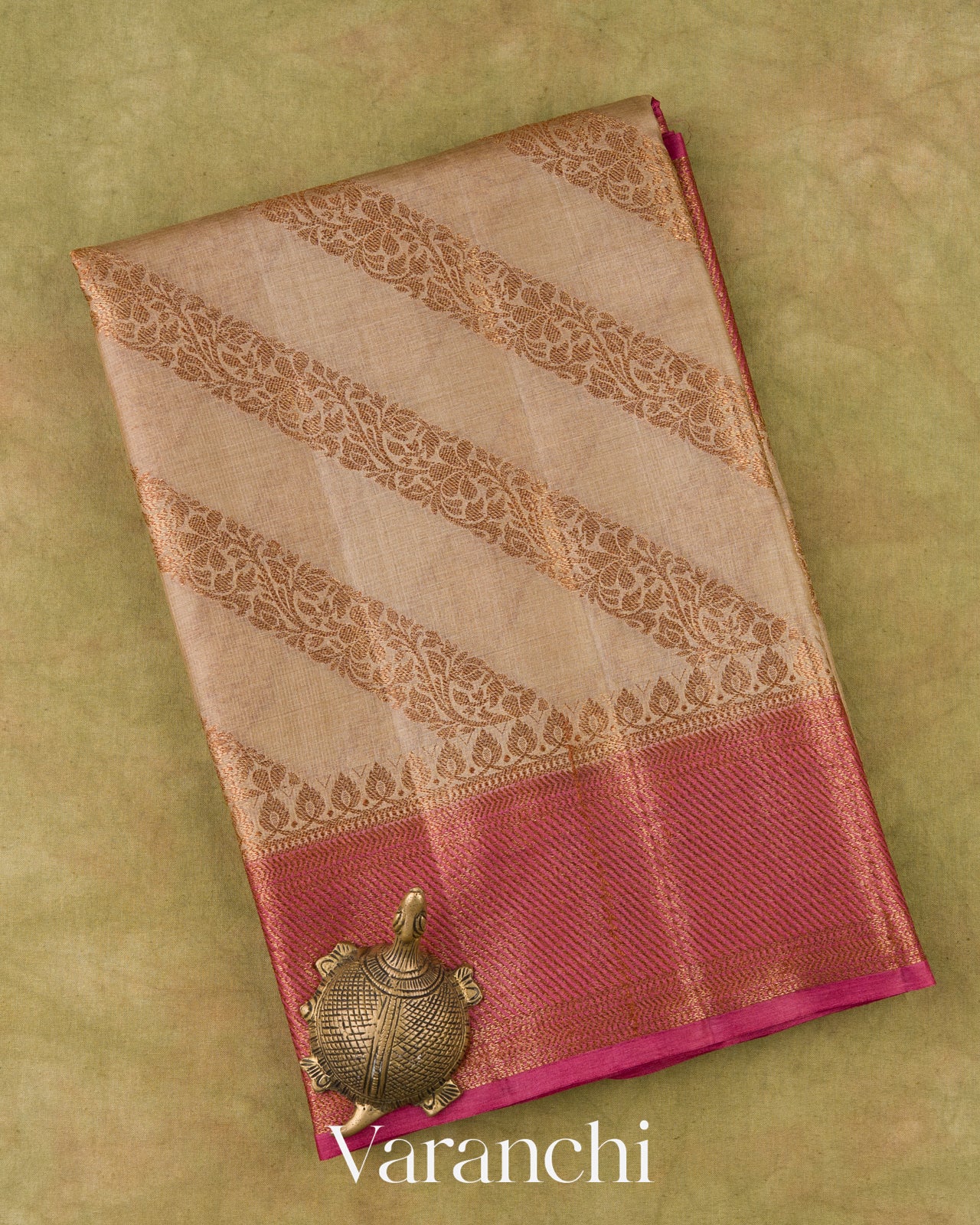 Beige Lehariya Pure Tussar Silk Saree