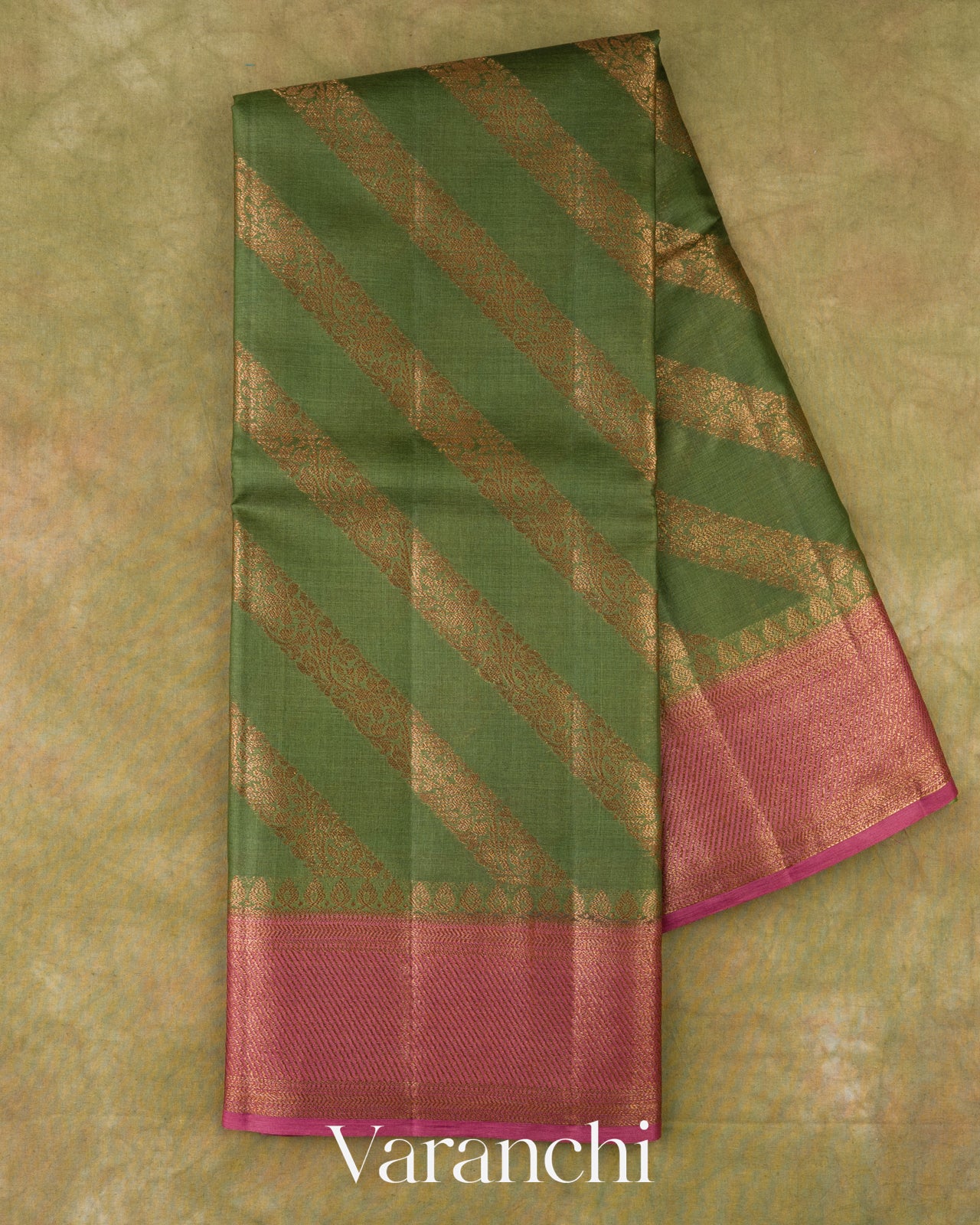 Olive Green Lehariya Pure Tussar Silk Saree