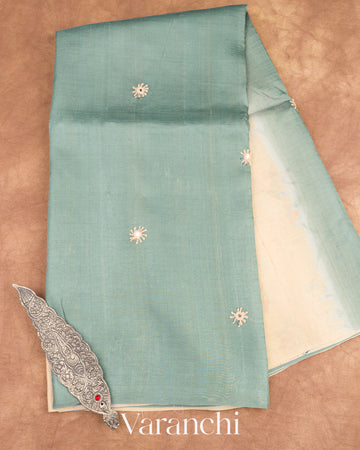 Powder Blue Mirror and Hand Katha Embroidered Pure Tussar Silk Handloom Saree
