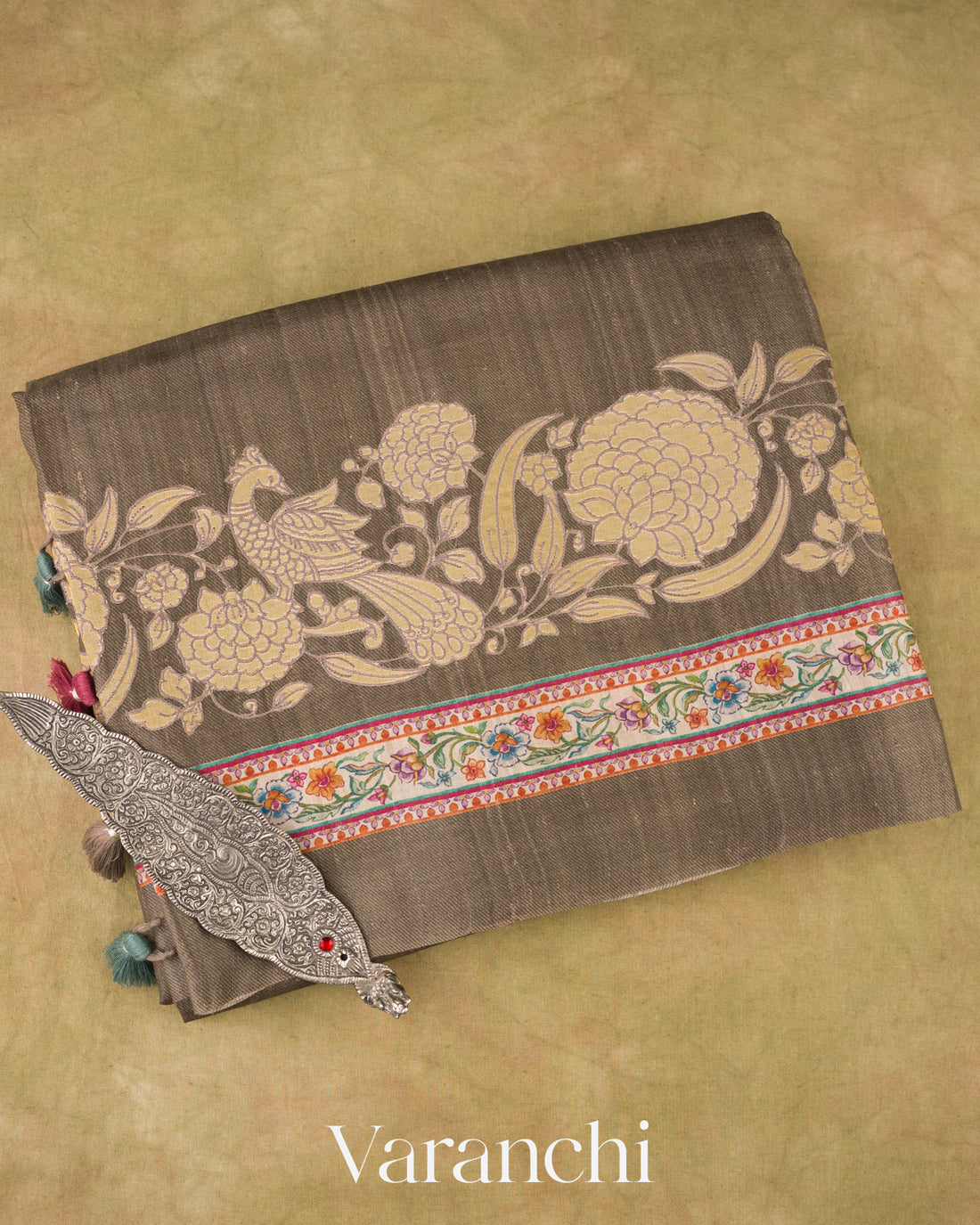 Earthy Taupe Tissue Applique and Embroidery Pure Tussar Silk Saree