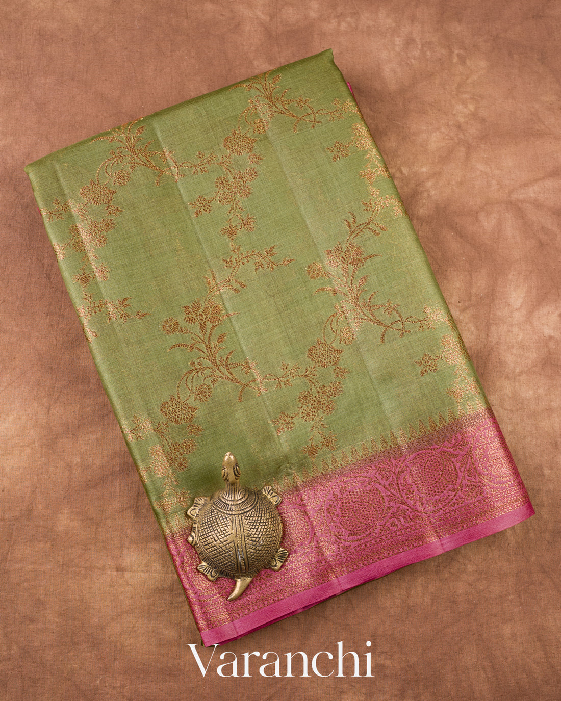 Olive Green Floral Jaal Pure Tussar Silk Saree
