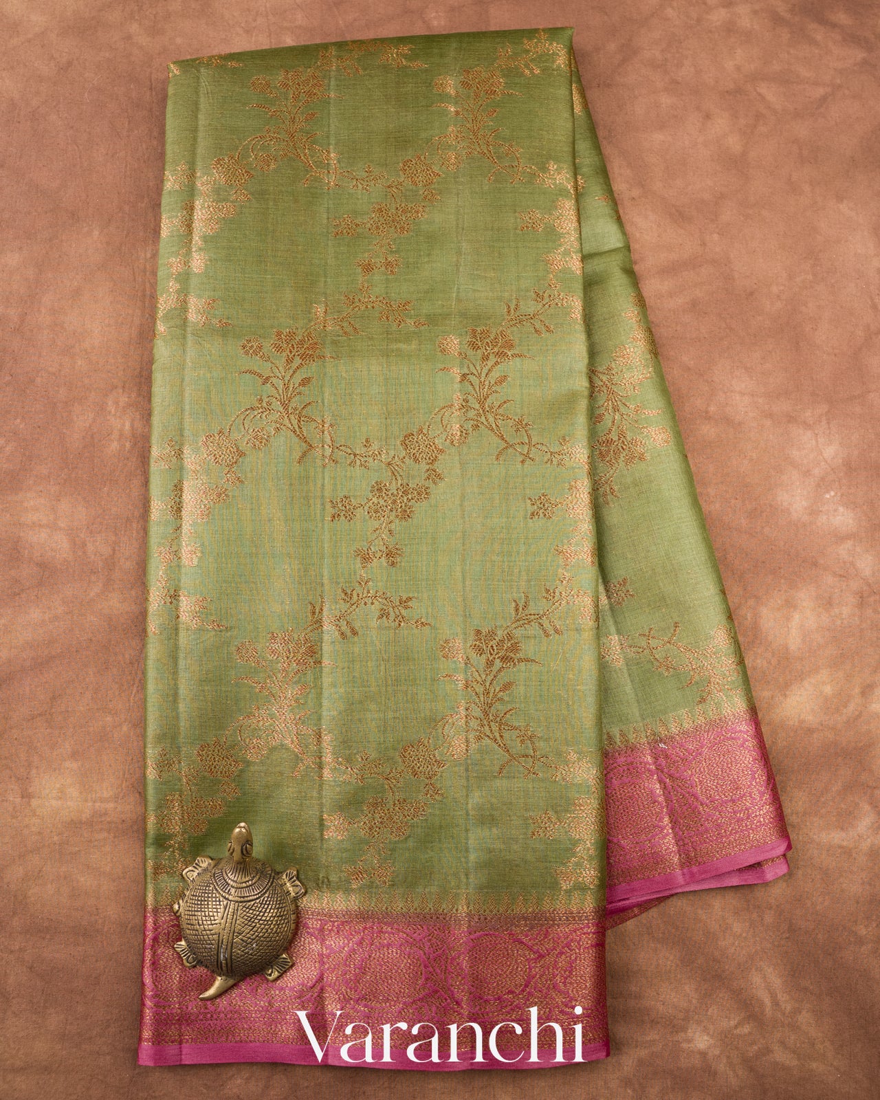 Olive Green Floral Jaal Pure Tussar Silk Saree