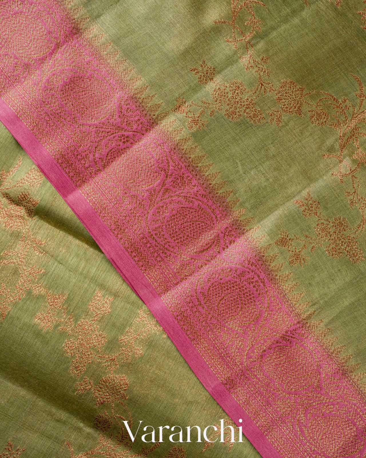 Olive Green Floral Jaal Pure Tussar Silk Saree
