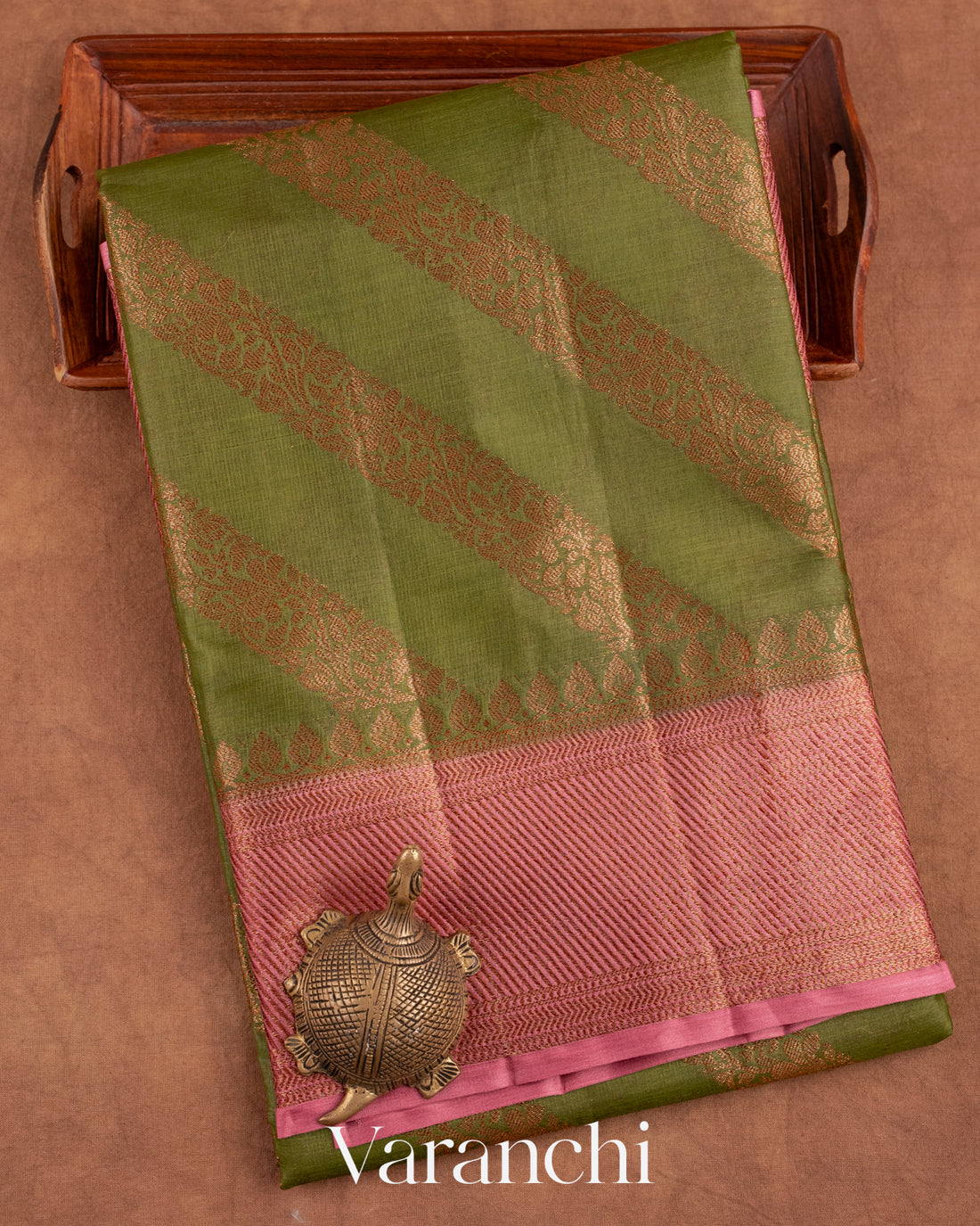Olive Green Lehariya Pure Tussar Silk Saree