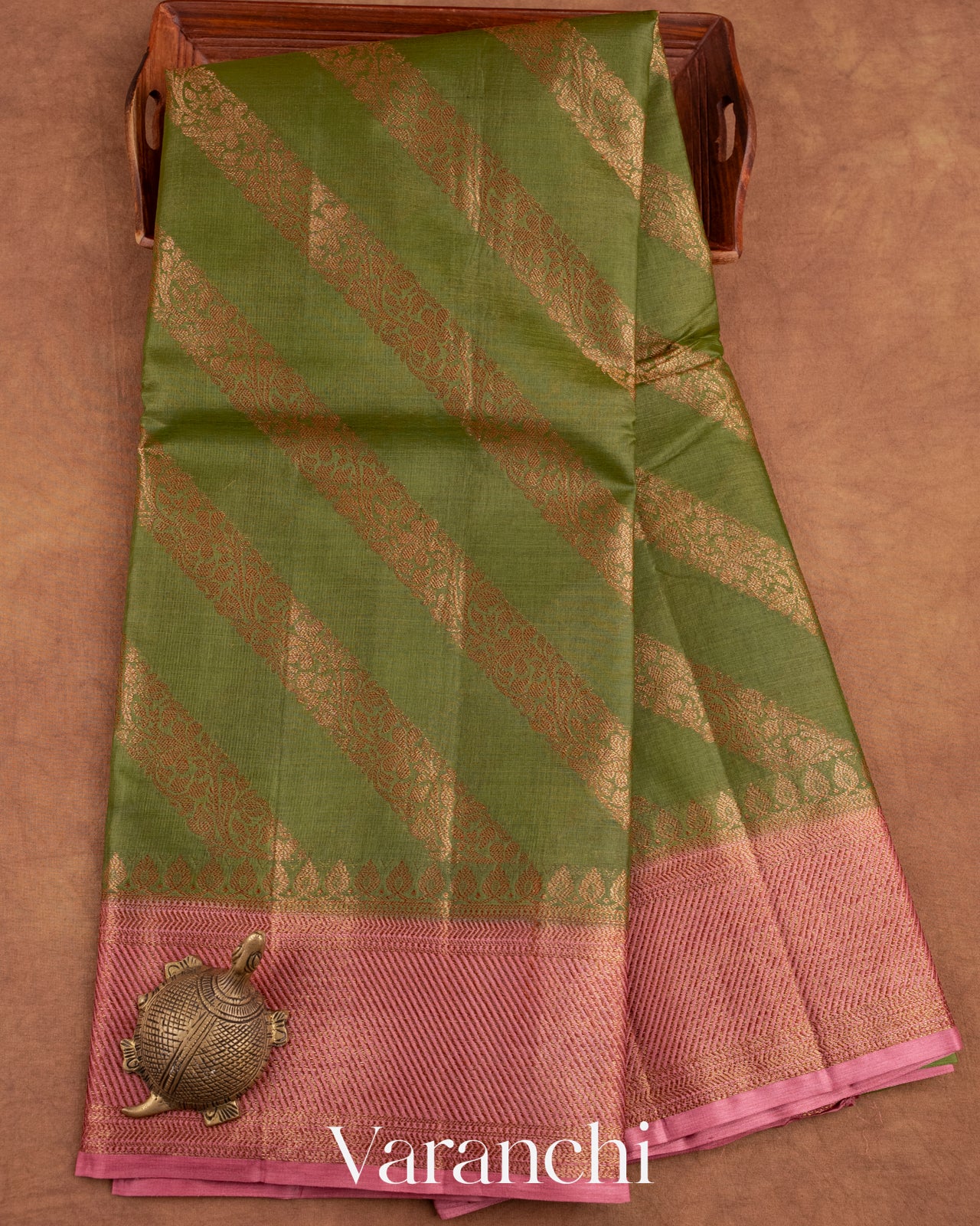 Olive Green Lehariya Pure Tussar Silk Saree