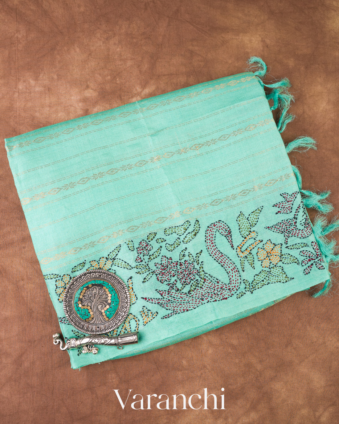 Turquoise Green Embroidered Pure Tussar Silk Saree