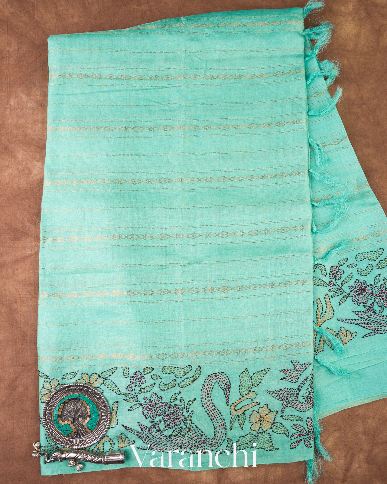 Turquoise Green Embroidered Pure Tussar Silk Saree