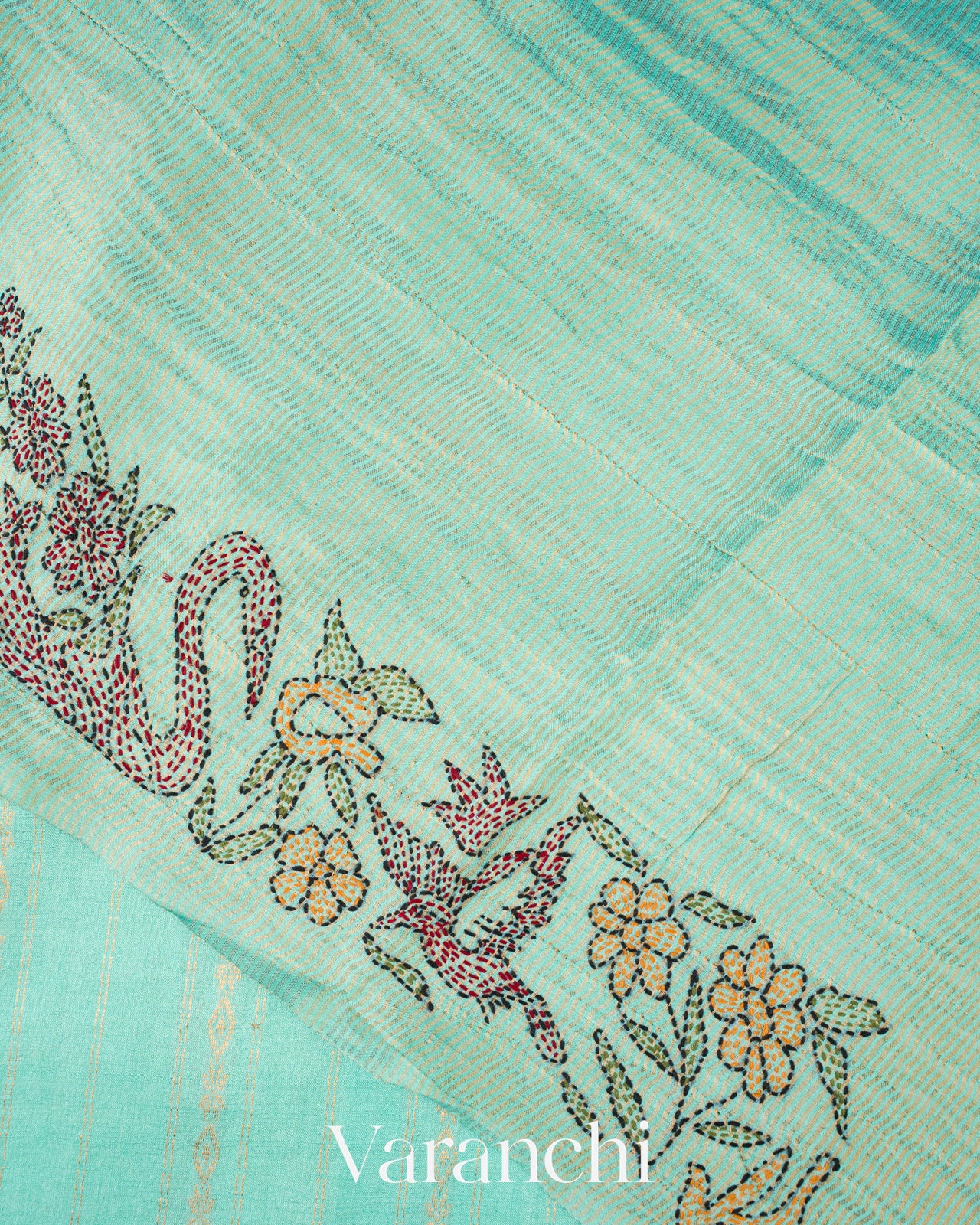 Turquoise Green Embroidered Pure Tussar Silk Saree