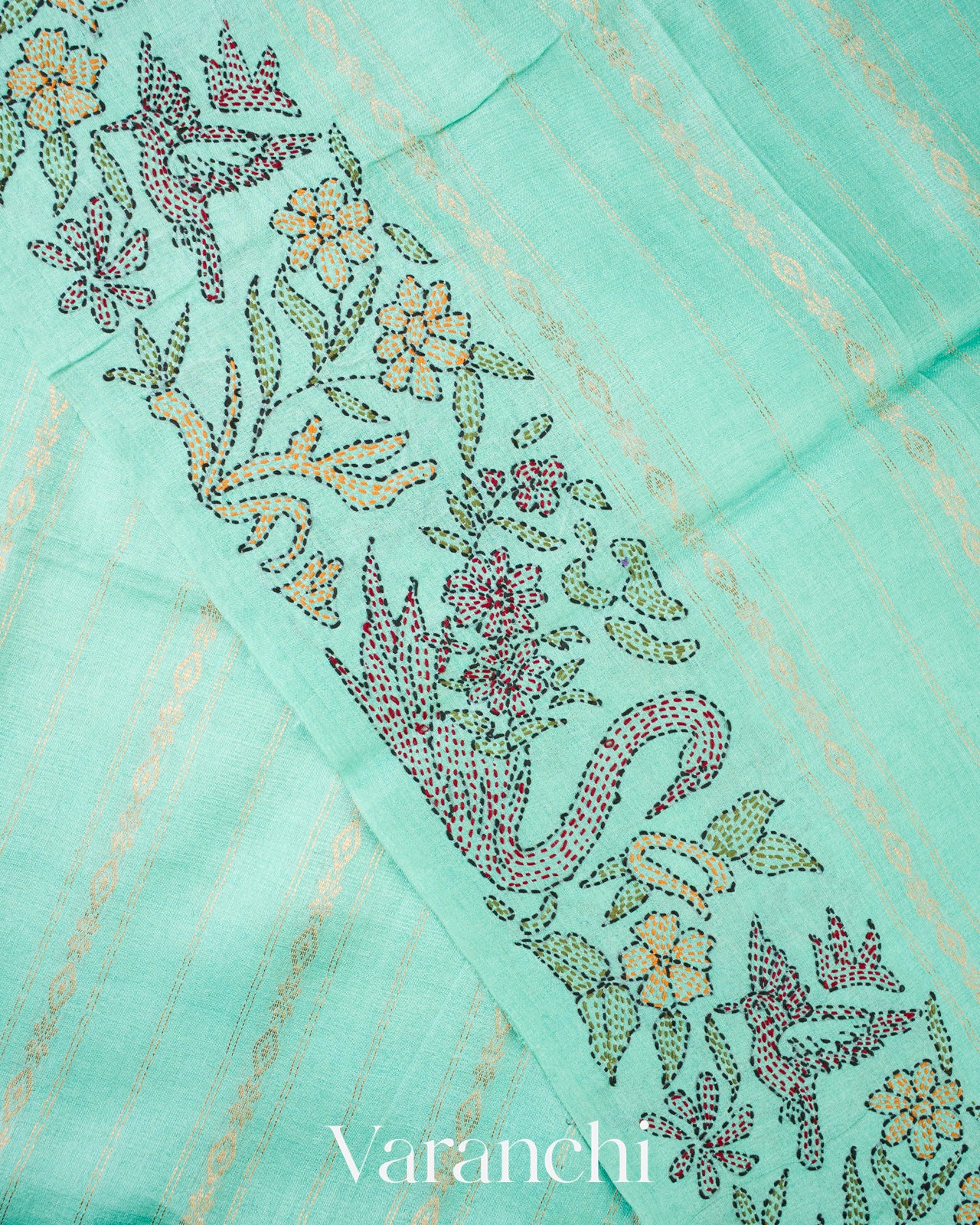Turquoise Green Embroidered Pure Tussar Silk Saree