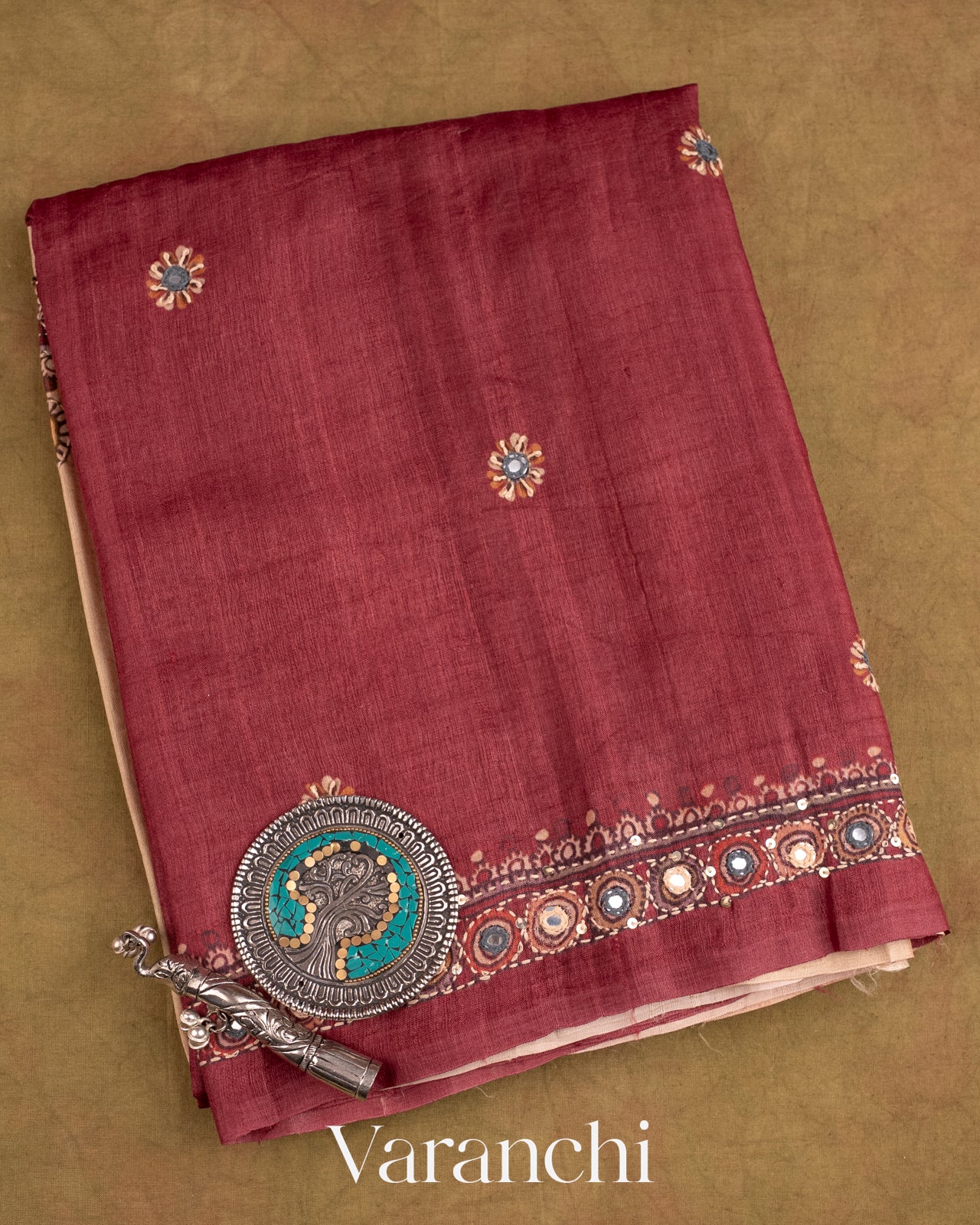 Maroon Mirror Hand-Embroidered Pure Tussar Silk Handloom Saree