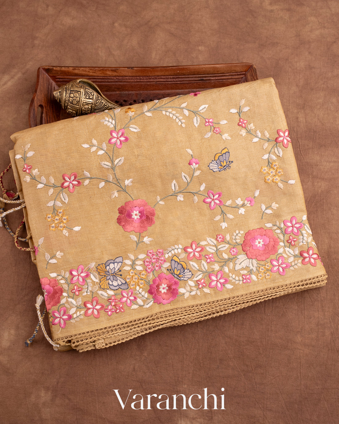 Soft Mustard Yellow All-Over Embroidered Pure Tussar Silk Saree